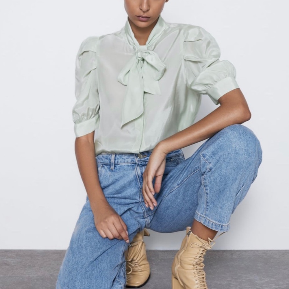 Zara Sea Green Pussybow Satin Blouse - Picture 5 of 7